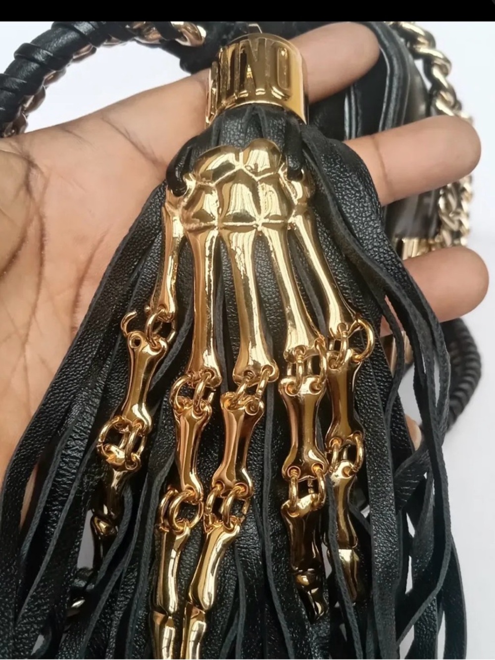 Moschino Black Quilted Mini Skeleton Crossbody Bag with Gold Logo & Chain Tassel - Picture 4 of 9